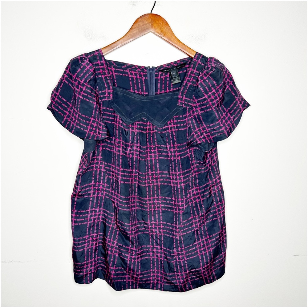 Marc by Marc Jacobs Logo Silk Blouse Navy Blue & Pink Size Medium